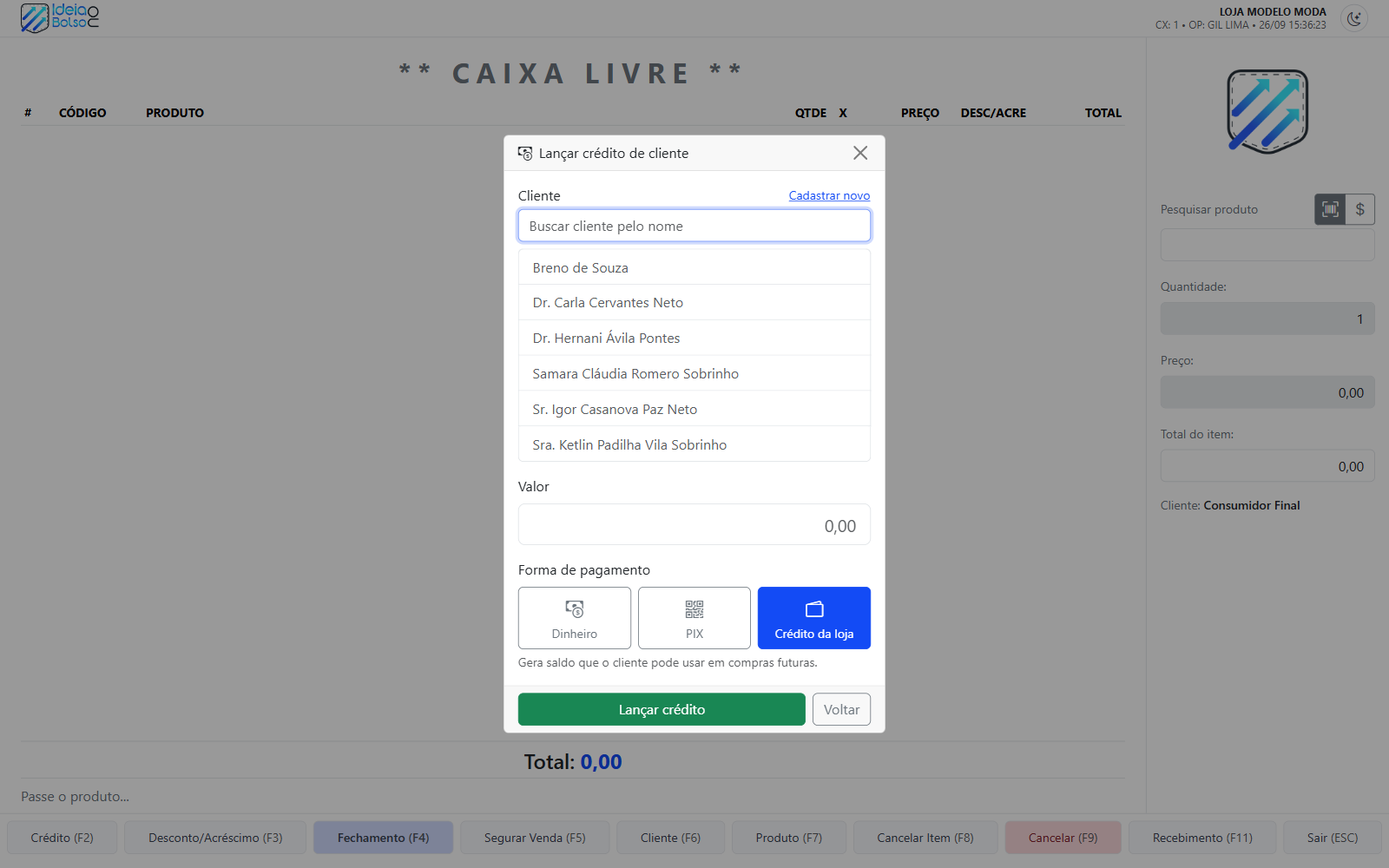Lançar crédito de cliente no PDV