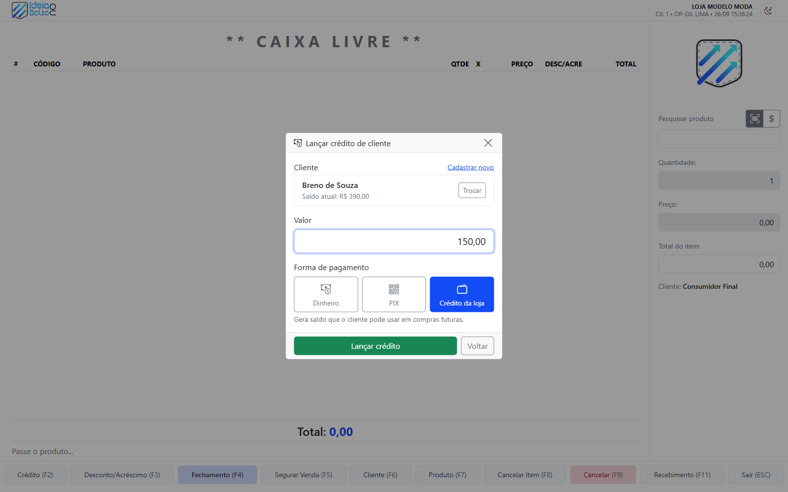 Cliente, valor e forma de pagamento do crédito