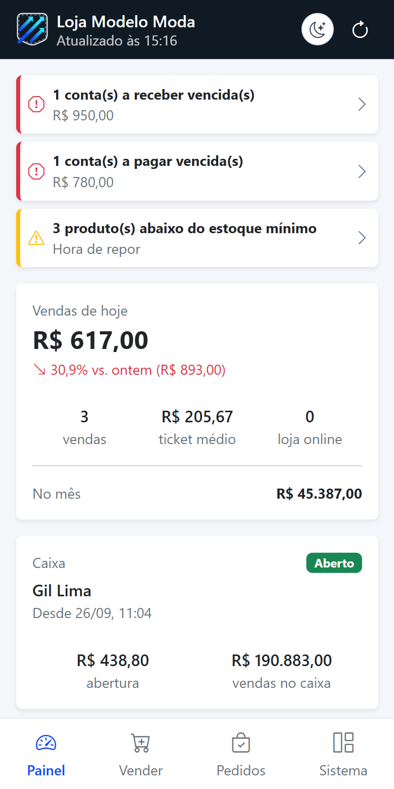 Painel do dono no celular